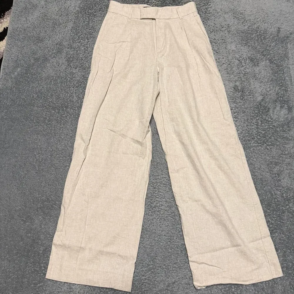 Banana Republic Wide Leg Pants Womens 6 Petite Cream Linen Blend High Rise